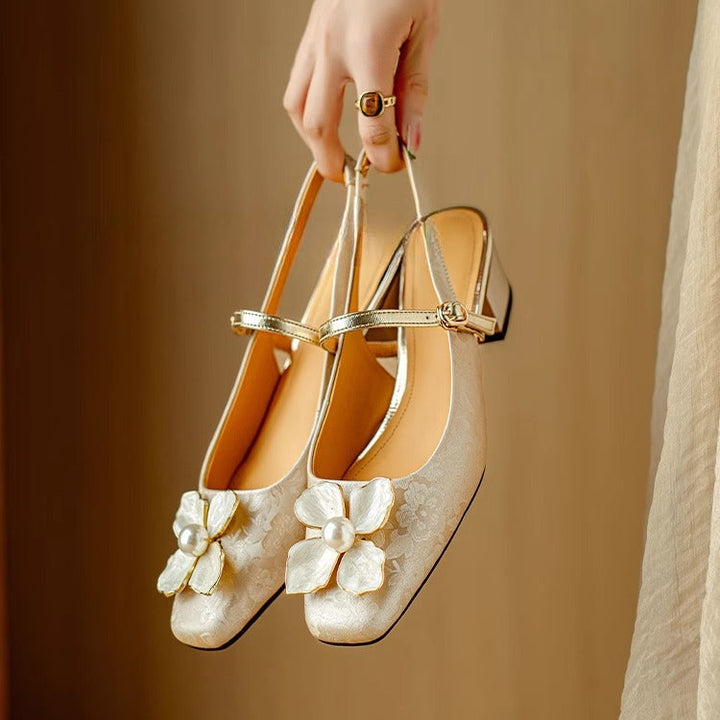 Florine | Floral Square Toe Block Heel Slingback Pumps