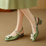 Florine | Floral Square Toe Block Heel Slingback Pumps