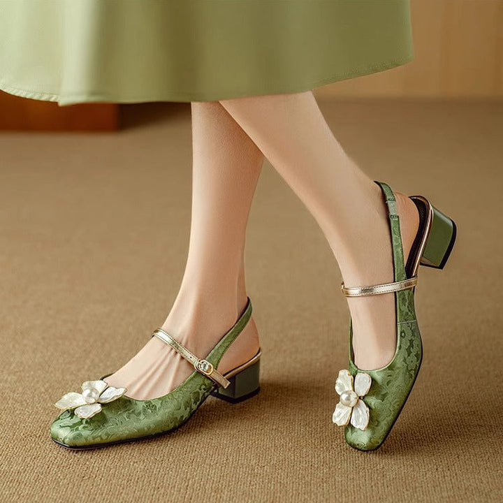 Florine | Floral Square Toe Block Heel Slingback Pumps
