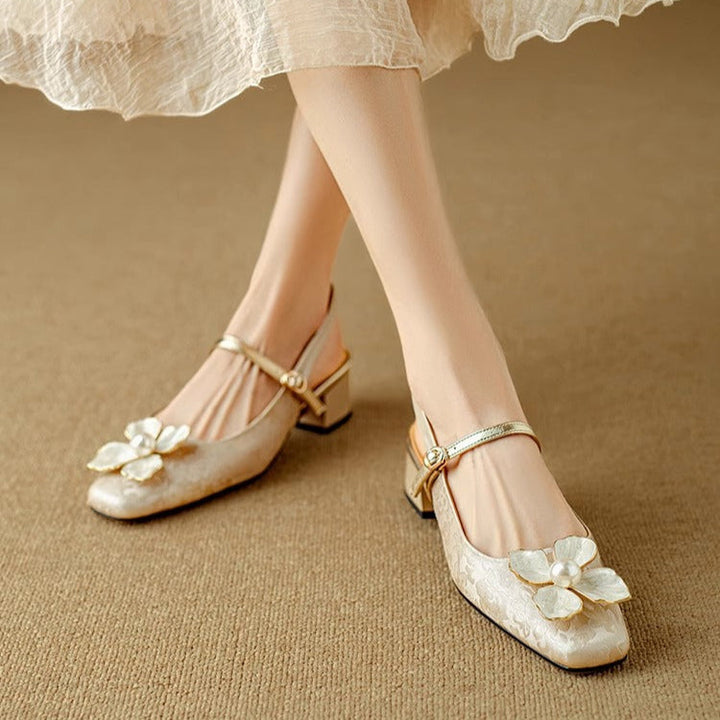 Florine | Floral Square Toe Block Heel Slingback Pumps
