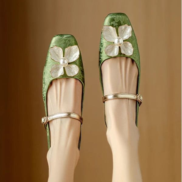 Florine | Floral Square Toe Block Heel Slingback Pumps