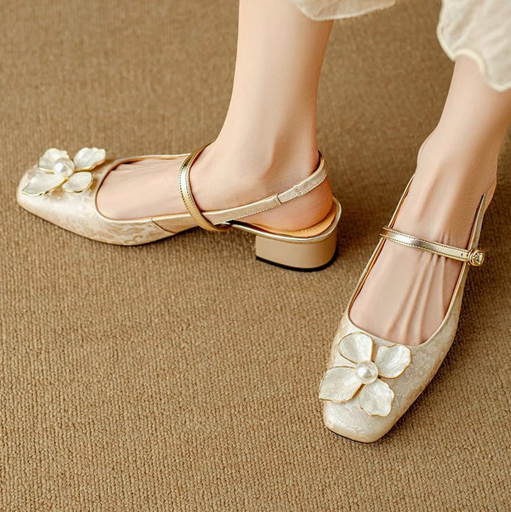 Florine | Floral Square Toe Block Heel Slingback Pumps