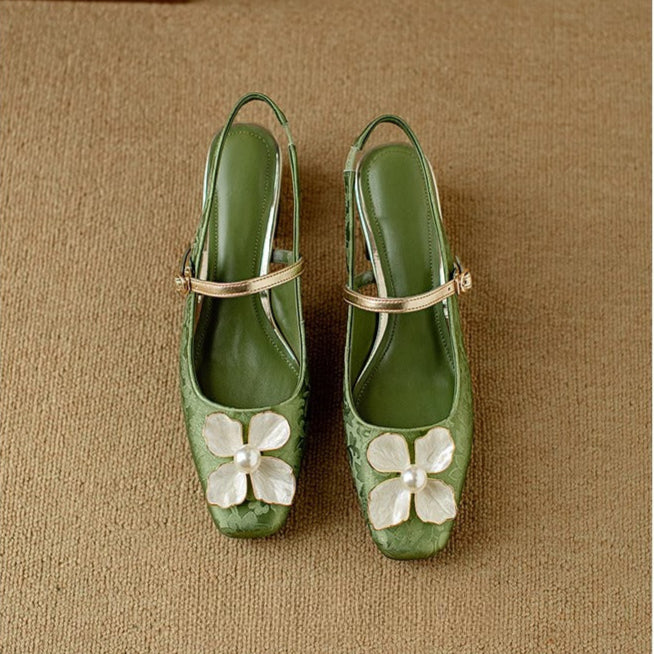 Florine | Floral Square Toe Block Heel Slingback Pumps