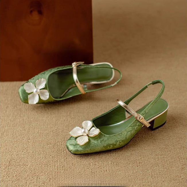 Florine | Floral Square Toe Block Heel Slingback Pumps