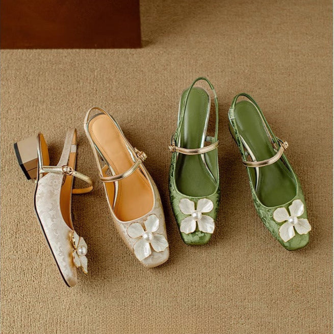 Florine | Floral Square Toe Block Heel Slingback Pumps