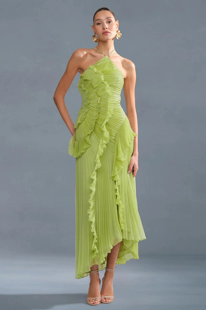 Jessica | Pleated Frill Halter Neck Midi Dress