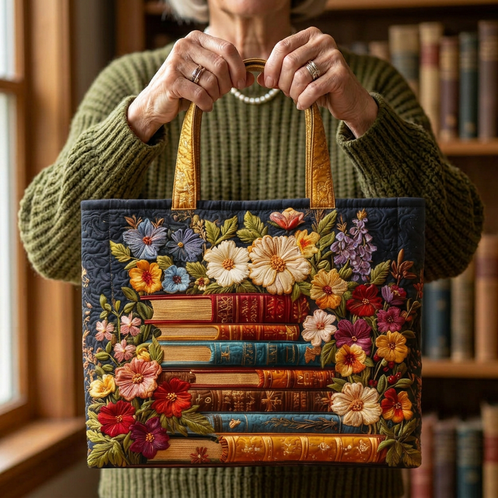 Quilted Fabric Bag with Embroidered Flowers