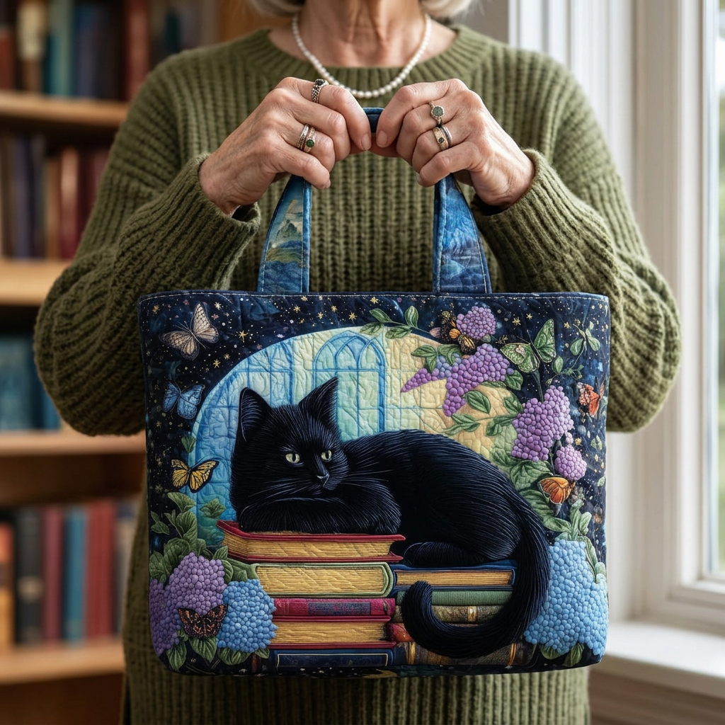 Quilted Tote Bag with Cat Design