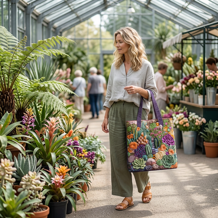 Padded Tote Bag with Succulent Pattern