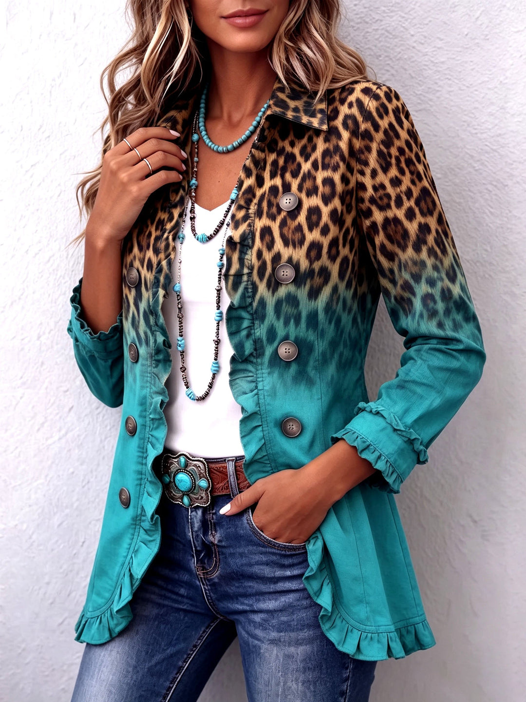 Leopard Ombre Blazer with Ruffles
