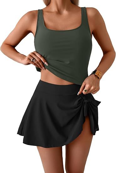 🩱LIMITED-TIME 50% OFF! 💖🌊Feminine Swimwear Set – Adjustable Strap Tank + Side Tie Flowy Skirt, Removable Padding, High-Waist Coverage🐚