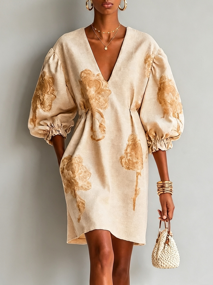 Beige Linen Floral Mini Dress Deep V Lantern Puff Sleeve Drawstring Waist Pocket Vacation Dress