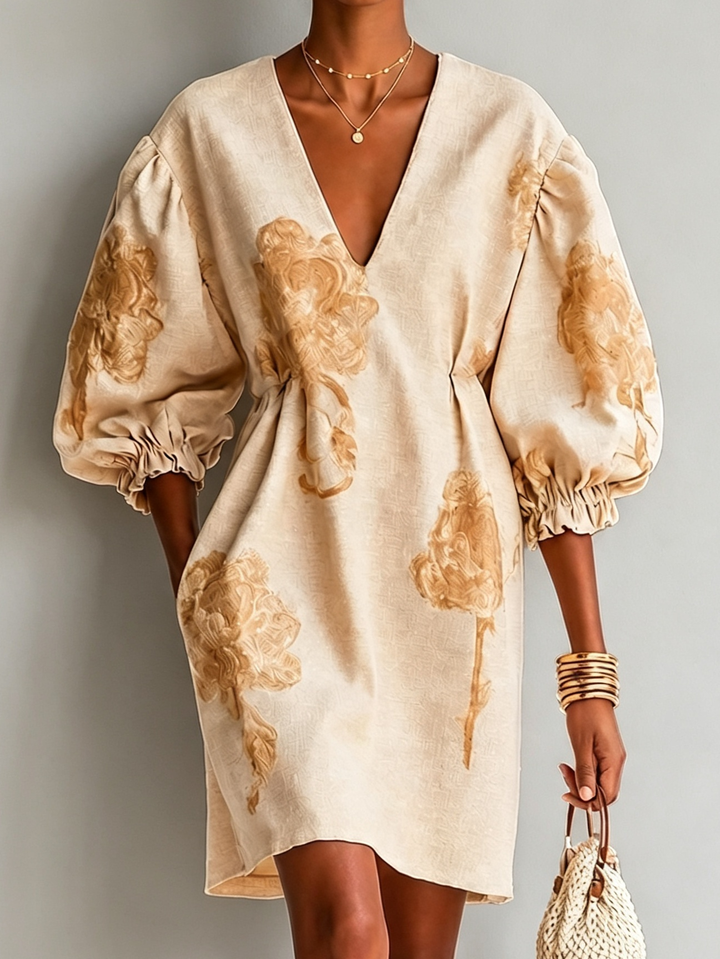 Beige Linen Floral Mini Dress Deep V Lantern Puff Sleeve Drawstring Waist Pocket Vacation Dress