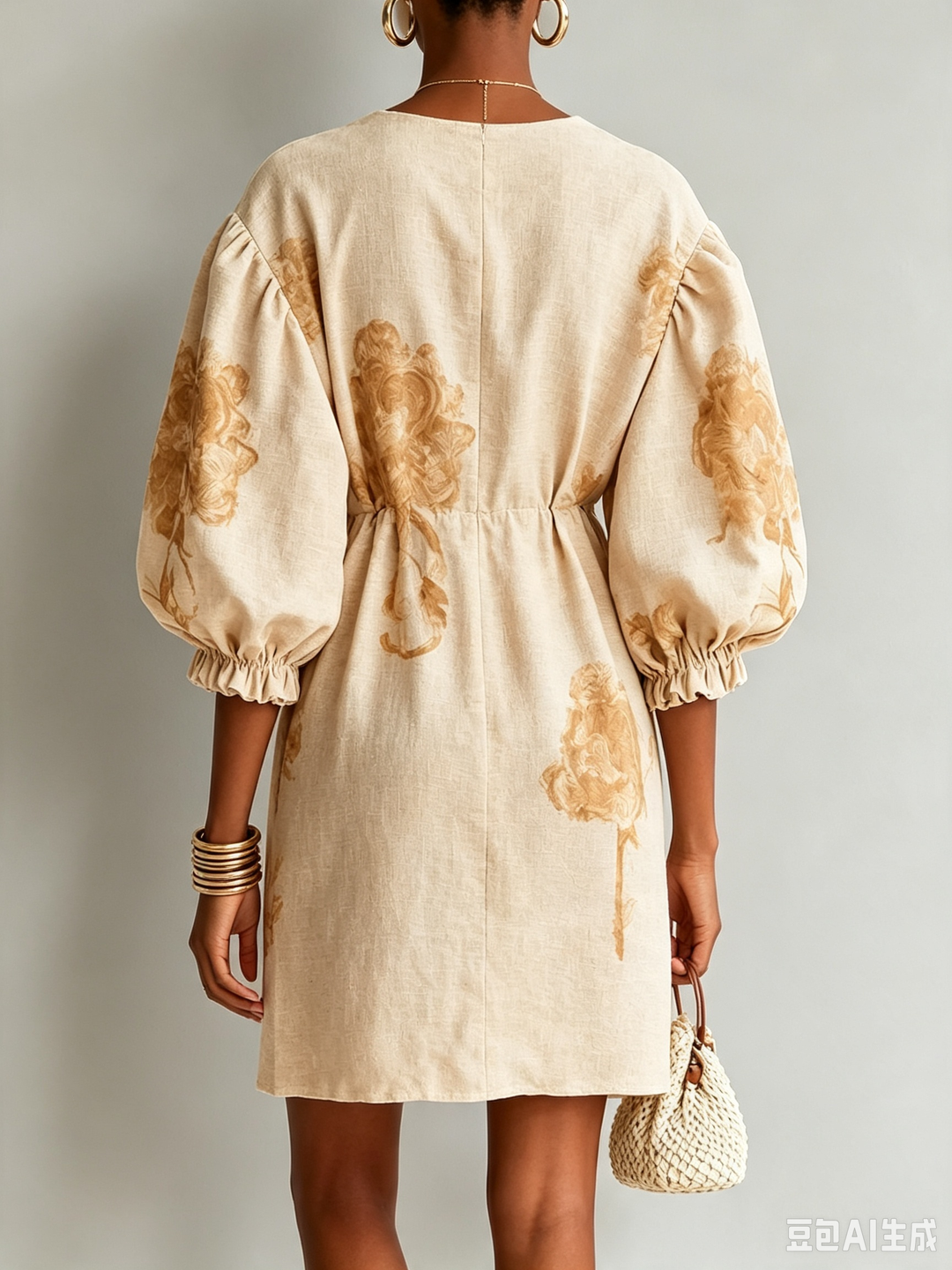 Beige Linen Floral Mini Dress Deep V Lantern Puff Sleeve Drawstring Waist Pocket Vacation Dress