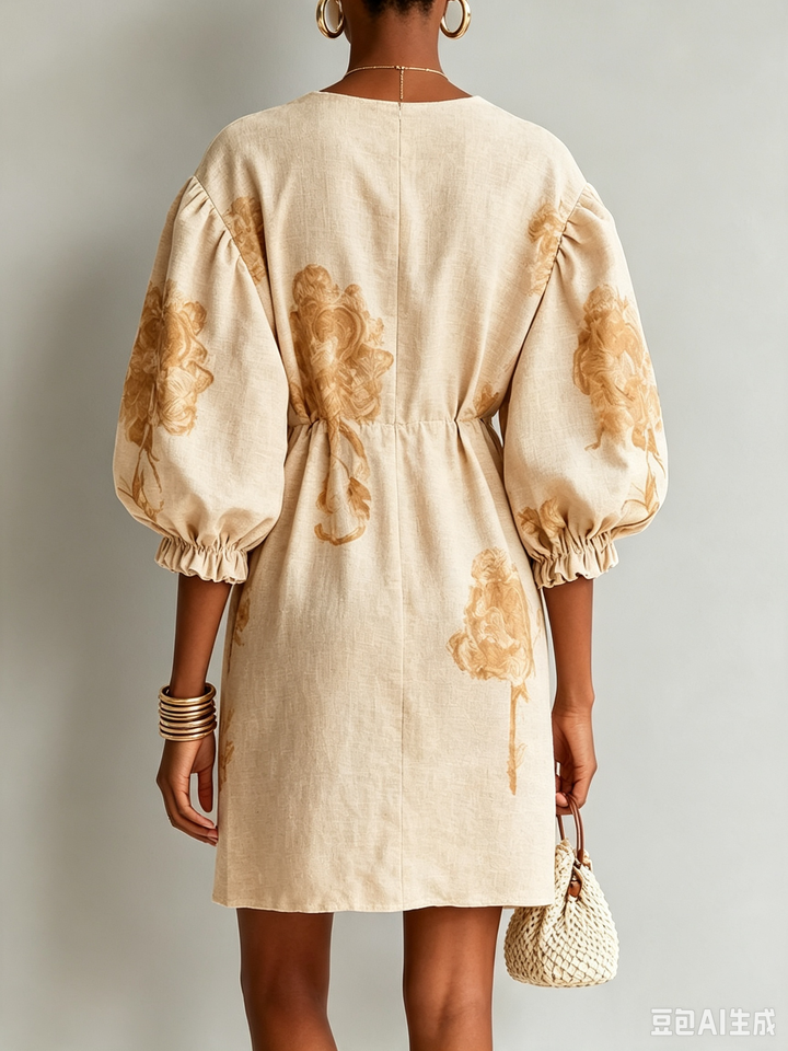 Beige Linen Floral Mini Dress Deep V Lantern Puff Sleeve Drawstring Waist Pocket Vacation Dress