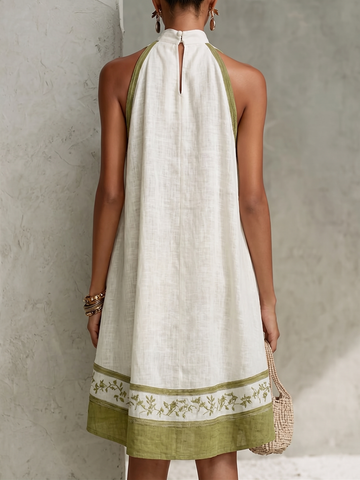 White And Olive Green Floral Sleeveless A-line Mini Dress