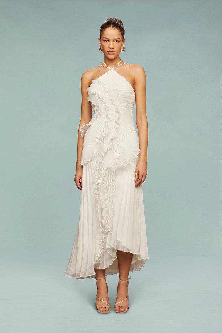 Jessica | Pleated Frill Halter Neck Midi Dress