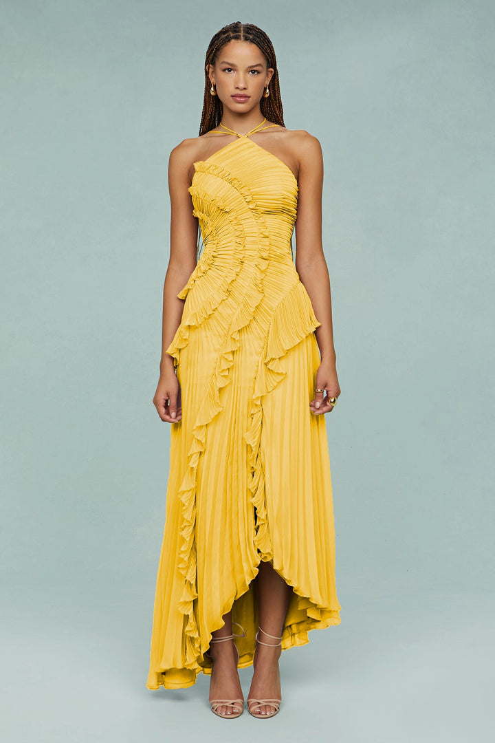 Jessica | Pleated Frill Halter Neck Midi Dress